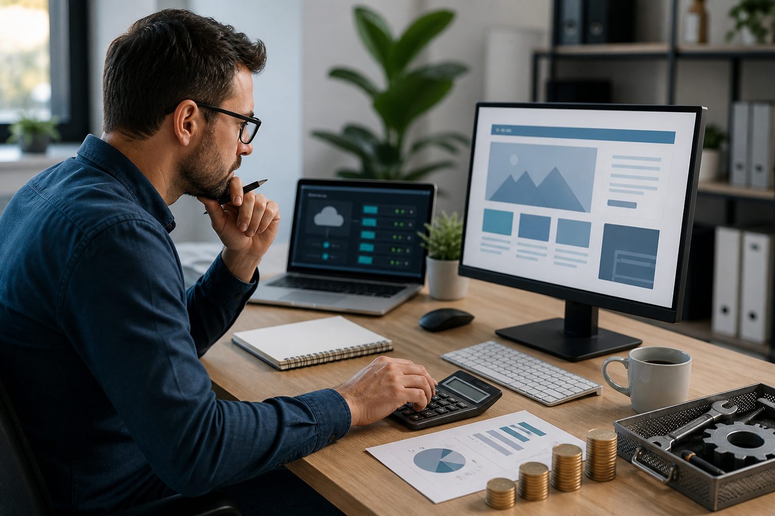 Freelancer reviewing website design and maintenance pricing on a laptop with charts and notes