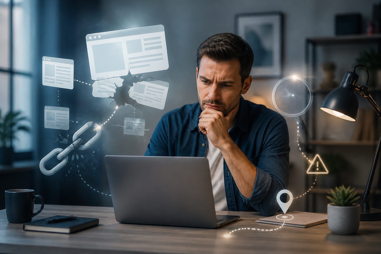Person staring at a laptop showing a 404 error while checking Google search results