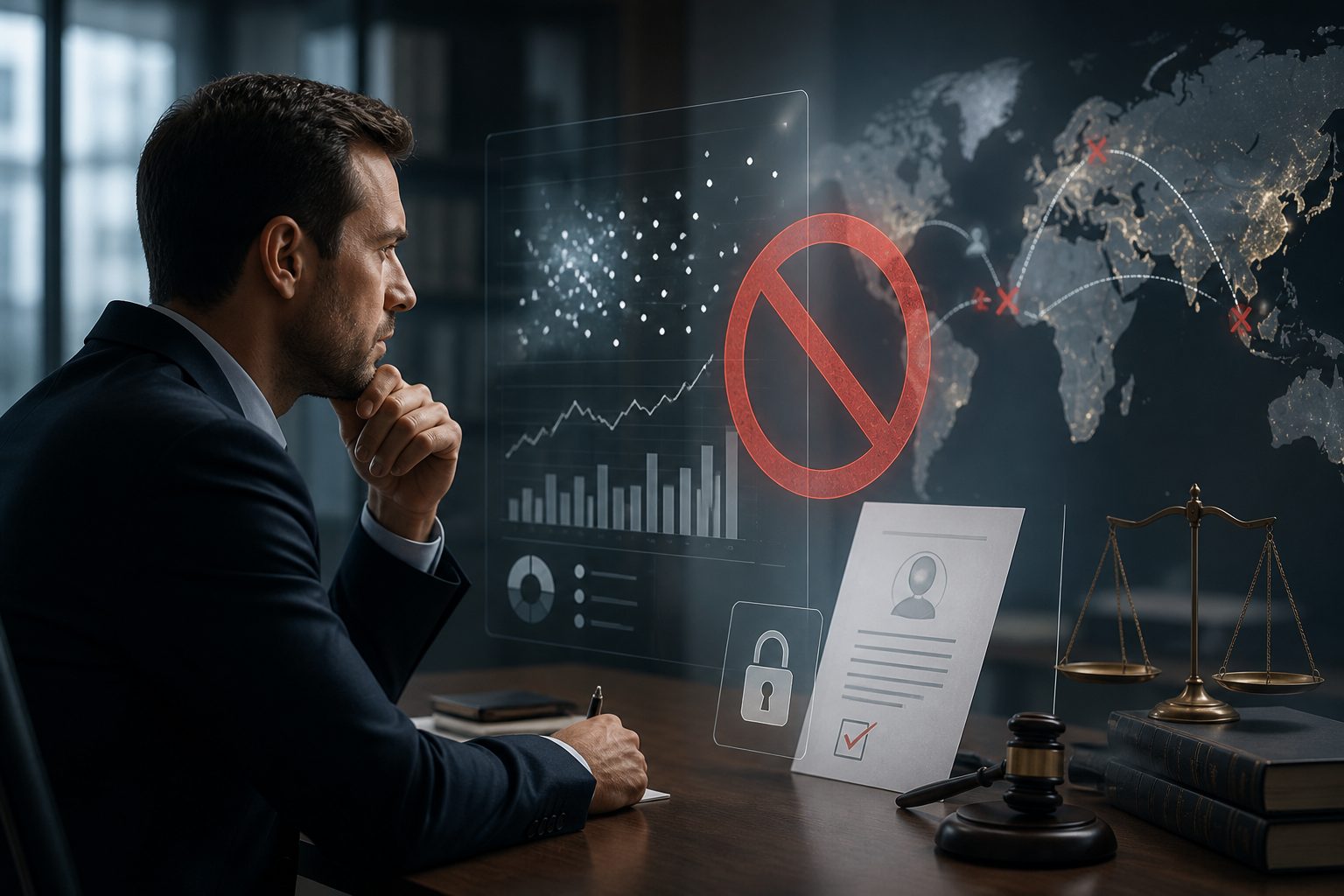 Illustration of a website dashboard under legal scrutiny with privacy warning symbols and analytics charts